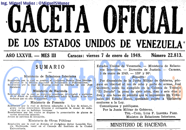 Gaceta Oficial 22813 del 7 Enero 1949