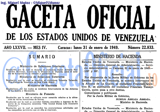 Gaceta Oficial 22833 del 31 Enero 1949