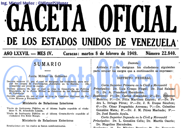 Gaceta Oficial 22840 del 8 Febrero 1949