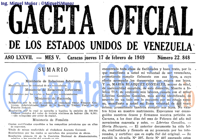 Gaceta Oficial 22848 del 17 Febrero 1949