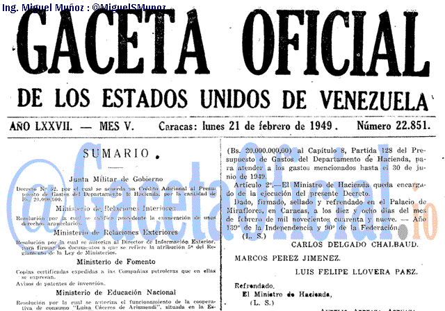 Gaceta Oficial 22851 del 21 Febrero 1949