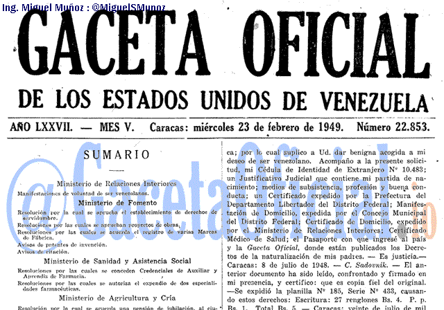 Gaceta Oficial 22853 del 23 Febrero 1949