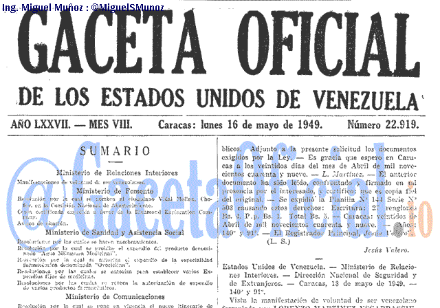 Gaceta Oficial 22919 del 16 Mayo 1949