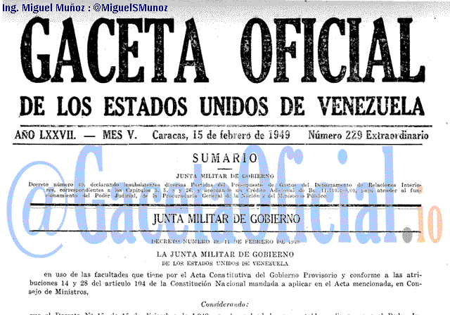 Gaceta Oficial 229 del 15 Febrero 1949