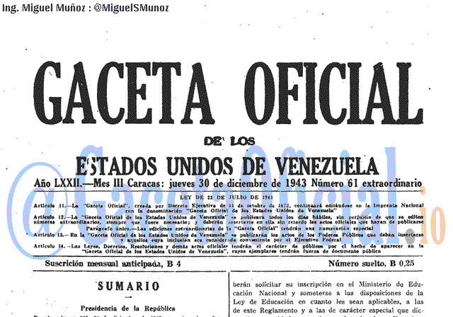 Gaceta Oficial 61 del 30 Diciembre 1943