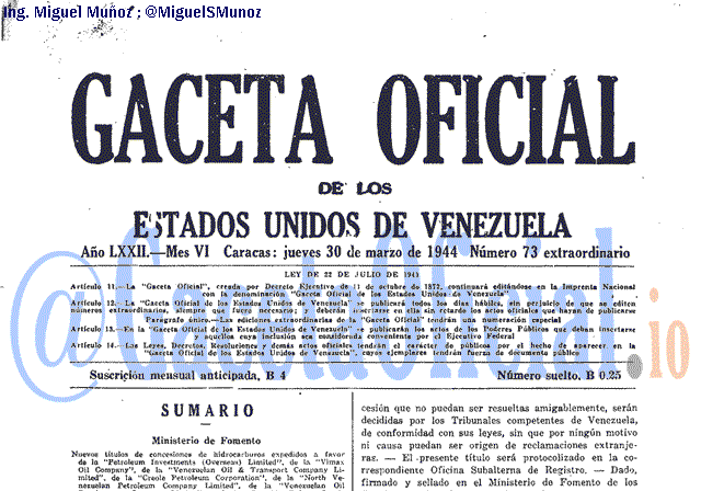 Gaceta Oficial 73 del 30 Marzo 1944