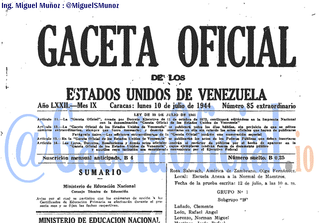 Gaceta Oficial 85 del 10 Julio 1944