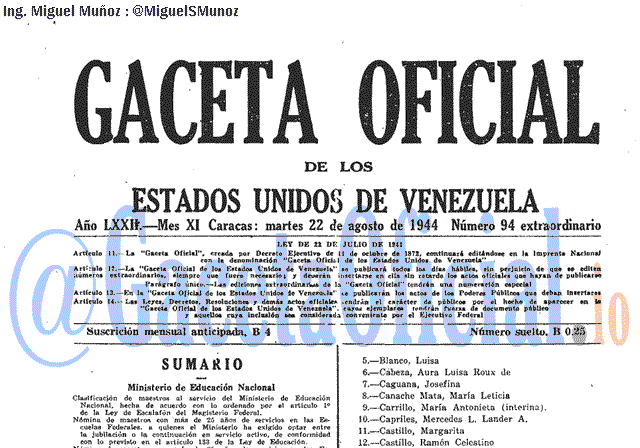Gaceta Oficial 94 del 22 Agosto 1944