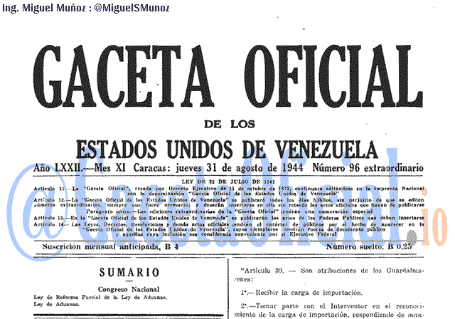 Gaceta Oficial 96 del 31 Agosto 1944