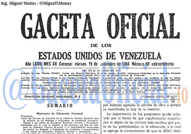 Gaceta Oficial 99 del 15 Septiembre 1944