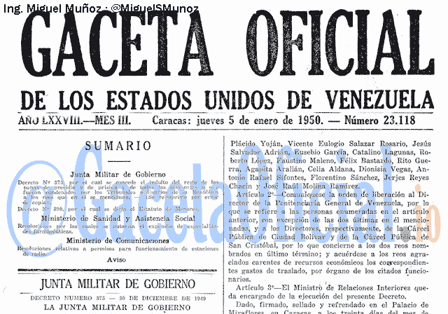 Gaceta Oficial 23118 del 5 Enero 1950