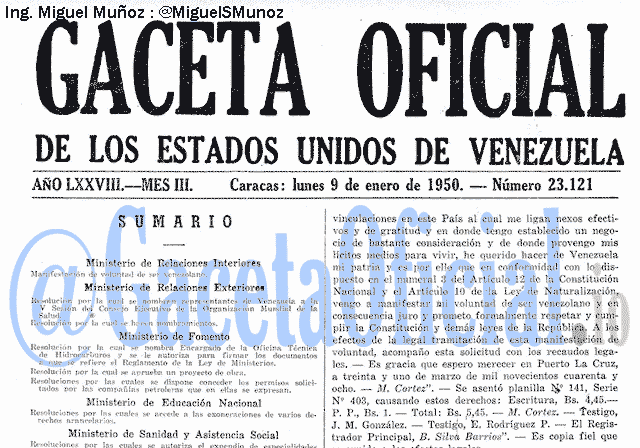 Gaceta Oficial 23121 del 9 Enero 1950