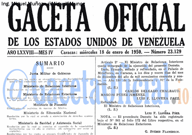 Gaceta Oficial 23129 del 18 Enero 1950