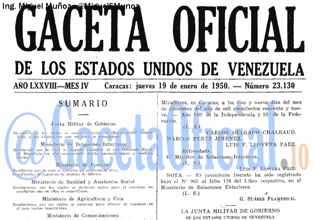 Gaceta Oficial 23130 del 19 Enero 1950