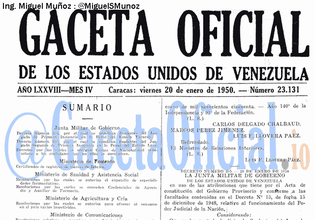 Gaceta Oficial 23131 del 20 Enero 1950