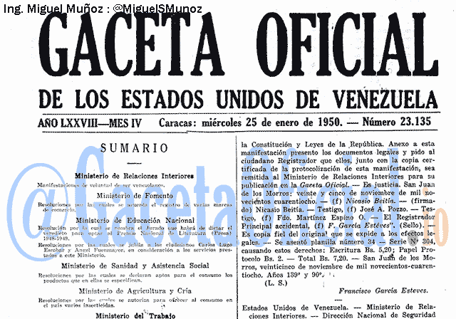 Gaceta Oficial 23135 del 25 Enero 1950
