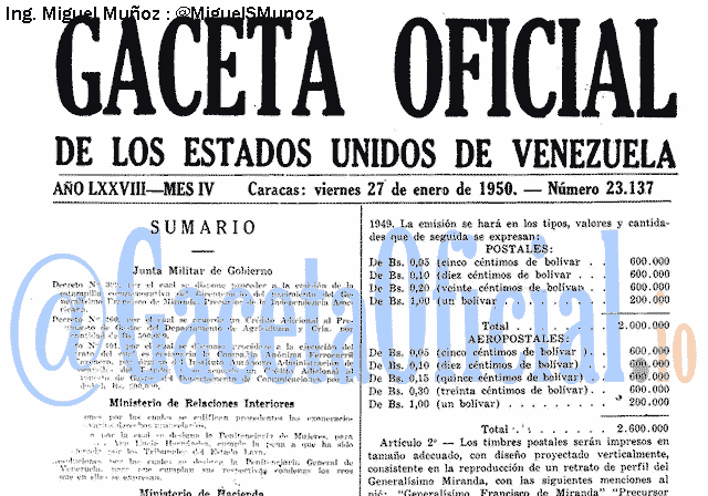 Gaceta Oficial 23137 del 27 Enero 1950