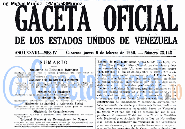 Gaceta Oficial 23148 del 9 Febrero 1950