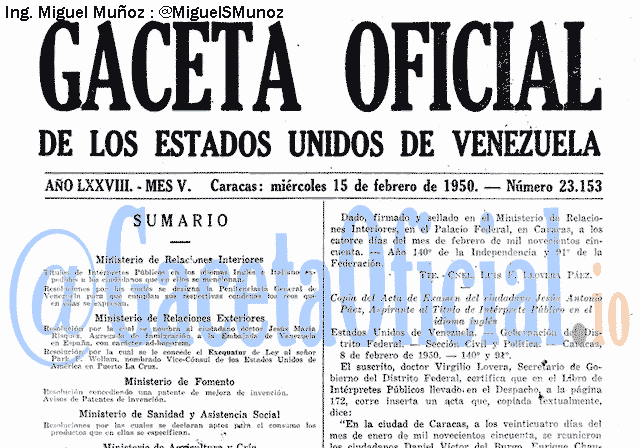 Gaceta Oficial 23153 del 15 Febrero 1950