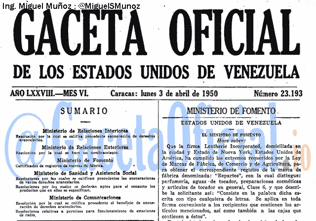 Gaceta Oficial 23193 del 3 Abril 1950