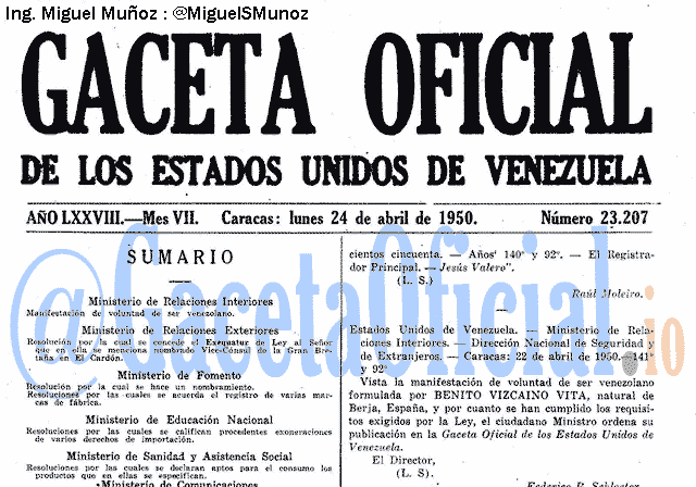 Gaceta Oficial 23207 del 24 Abril 1950