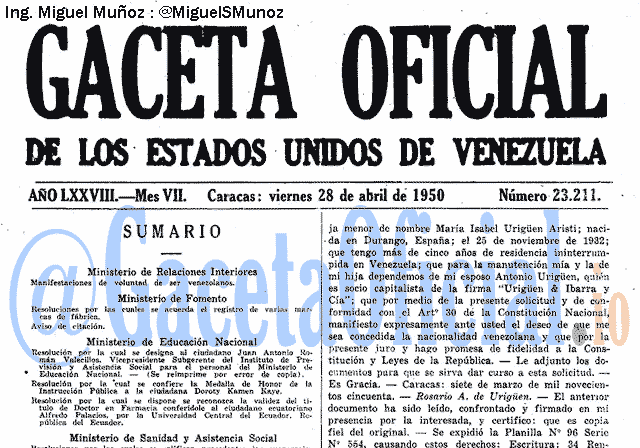 Gaceta Oficial 23211 del 28 Abril 1950