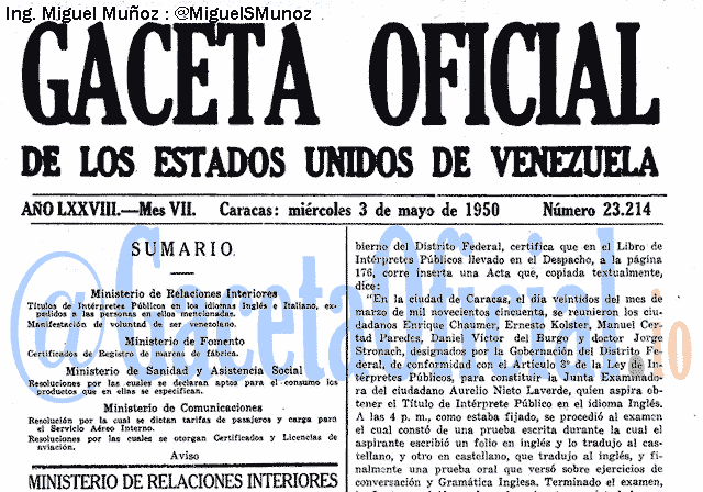 Gaceta Oficial 23214 del 3 Mayo 1950