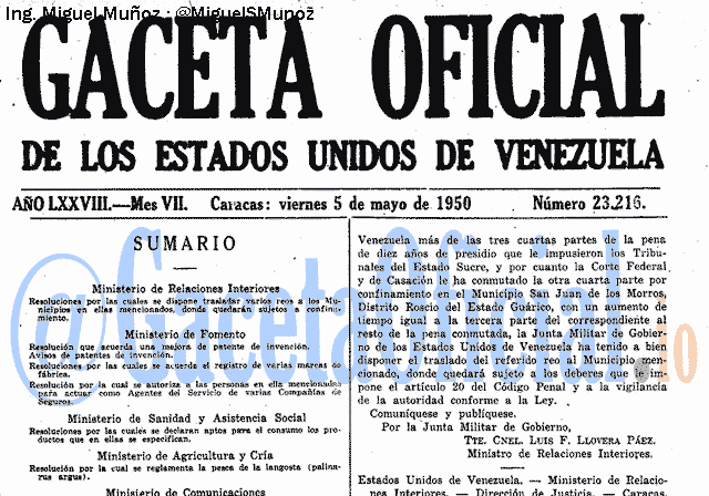 Gaceta Oficial 23216 del 5 Mayo 1950