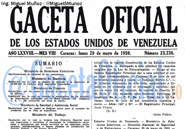 Gaceta Oficial 23236 del 29 Mayo 1950