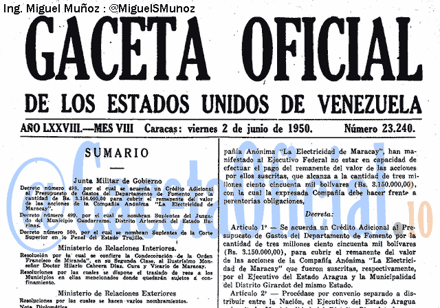 Gaceta Oficial 23240 del 2 Junio 1950