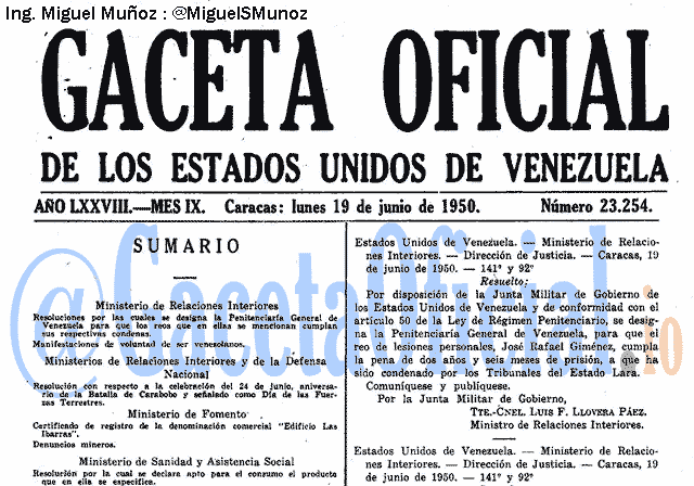 Gaceta Oficial 23254 del 19 Junio 1950