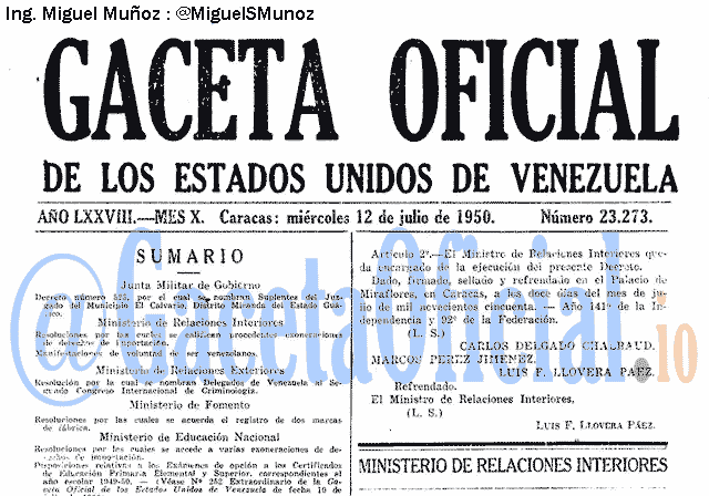 Gaceta Oficial 23273 del 12 Julio 1950