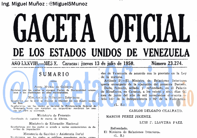 Gaceta Oficial 23274 del 13 Julio 1950
