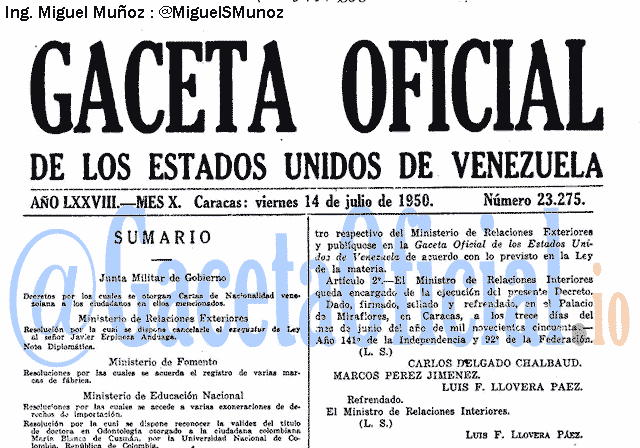 Gaceta Oficial 23275 del 14 Julio 1950