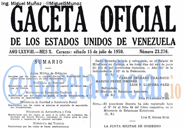 Gaceta Oficial 23276 del 15 Julio 1950