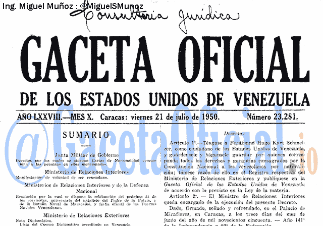 Gaceta Oficial 23281 del 21 Julio 1950