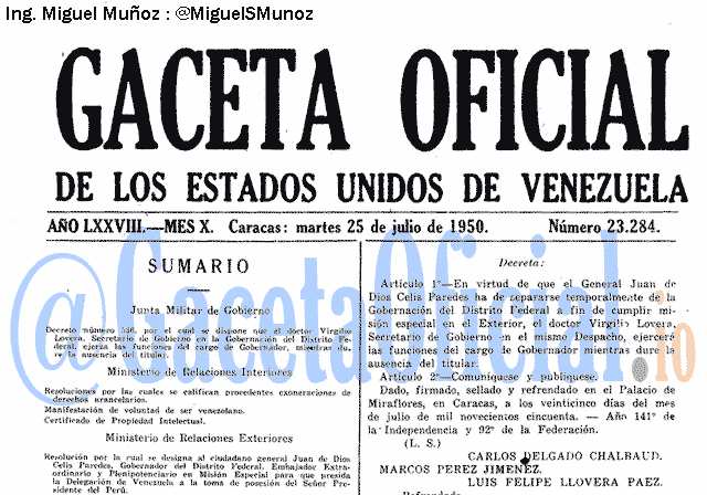Gaceta Oficial 23284 del 25 Julio 1950
