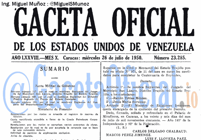 Gaceta Oficial 23285 del 26 Julio 1950