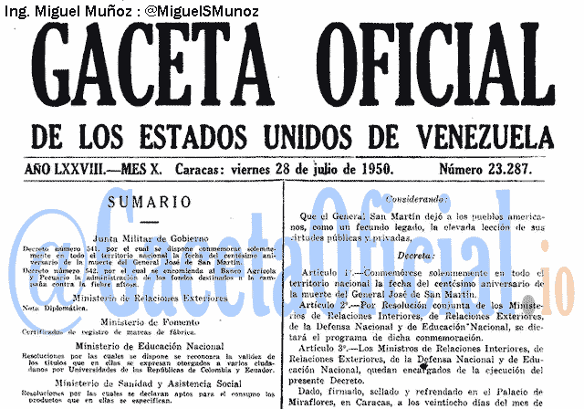 Gaceta Oficial 23287 del 28 Julio 1950