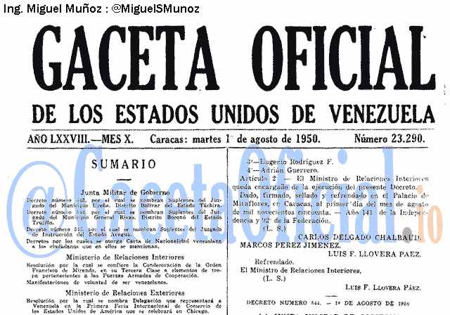 Gaceta Oficial 23290 del 1 Agosto 1950