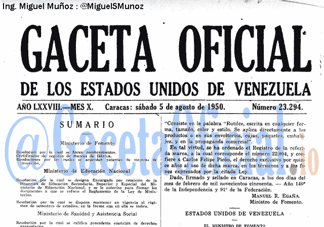 Gaceta Oficial 23294 del 5 Agosto 1950