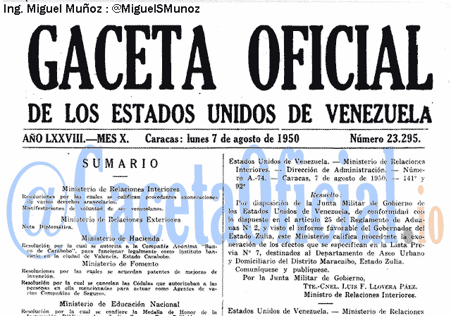 Gaceta Oficial 23295 del 7 Agosto 1950