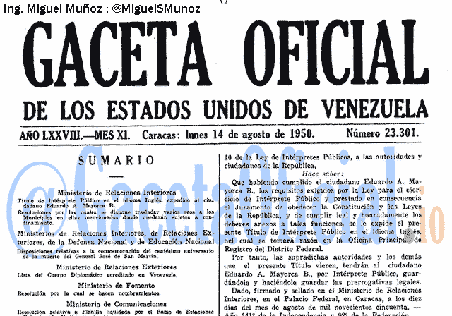 Gaceta Oficial 23301 del 14 Agosto 1950