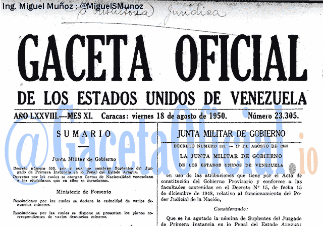 Gaceta Oficial 23305 del 18 Agosto 1950