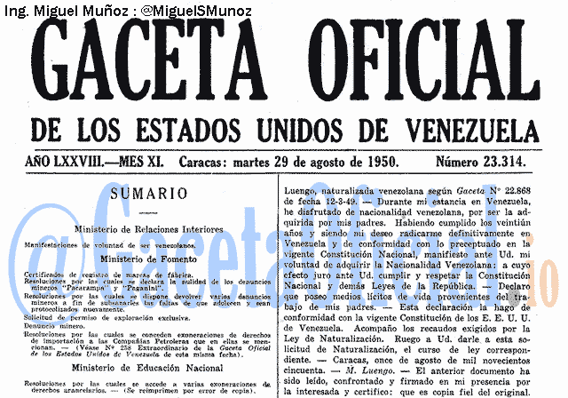 Gaceta Oficial 23314 del 29 Agosto 1950