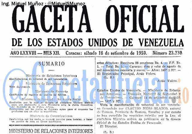 Gaceta Oficial 23330 del 16 Septiembre 1950