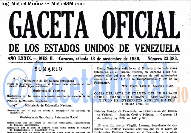 Gaceta Oficial 23383 del 18 Noviembre 1950