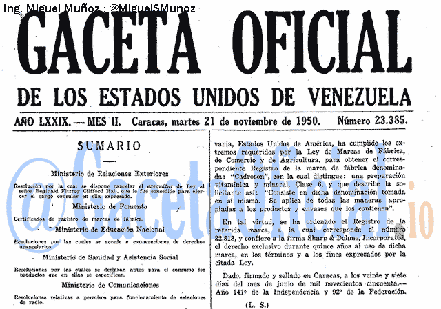 Gaceta Oficial 23385 del 21 Noviembre 1950