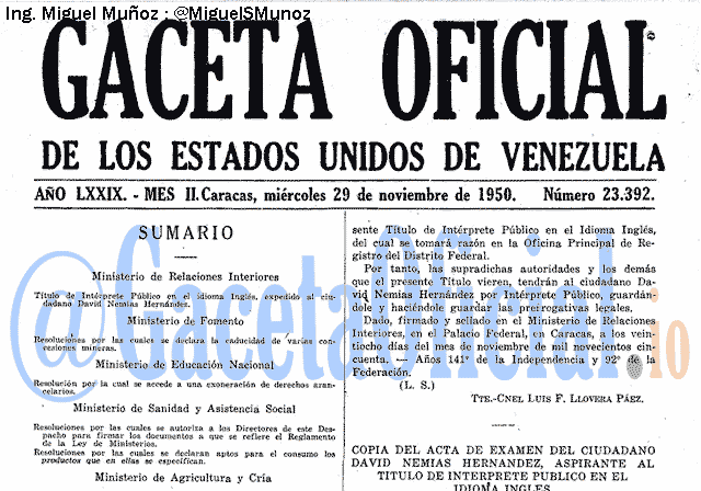 Gaceta Oficial 23392 del 29 Noviembre 1950