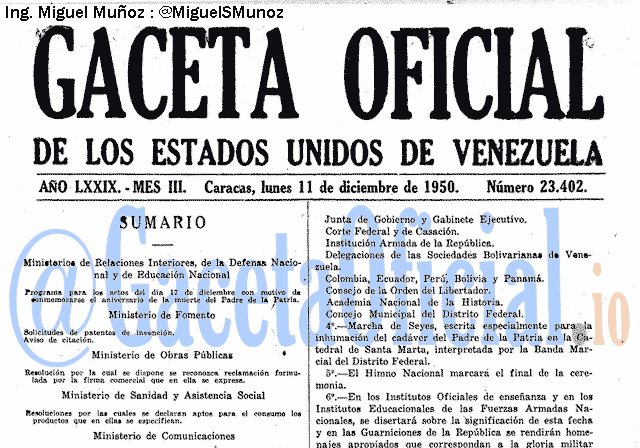 Gaceta Oficial 23402 del 11 Diciembre 1950